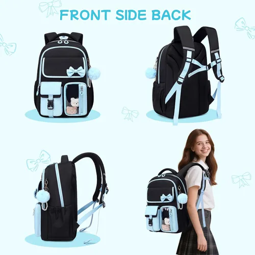 Vista 5 de Mochila para niñas, mochila escolar para niñas, bonita mochila con lazo para niñas, niños y adolescentes, para estudiantes de escuela primaria
