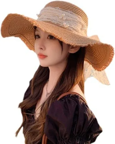 Vista 10 de Women hat Floppy Wide Brim Summer Beach Straw UPF Sun Fisherman's Cold Beige 1