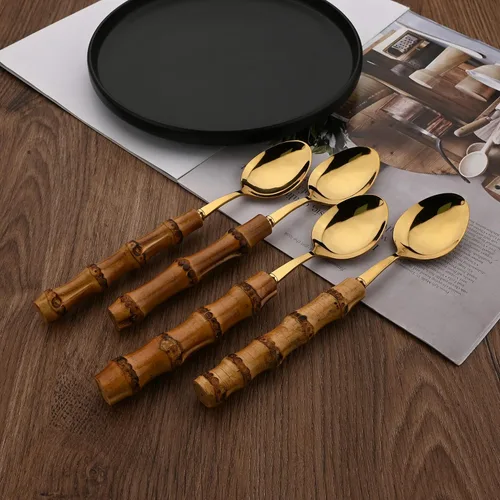 Vista 7 de Juego de cubiertos de mango de bambú natural, juego de cubiertos de acero inoxidable para 4, tenedores, cucharas, cuchillos para uso diario, 16