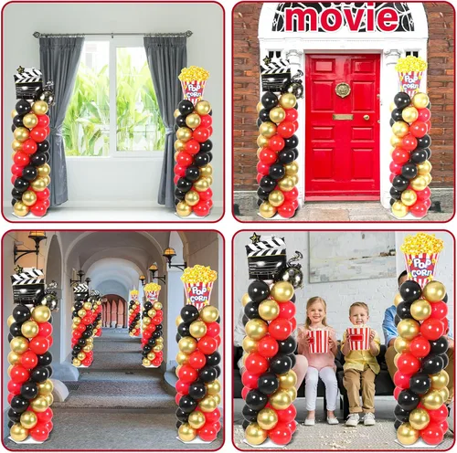 Vista 7 de Juego de 2 soportes de columna de globos nocturnos de película con 102 globos de aluminio de palomitas de maíz, soporte de torre ajustable de 5.57