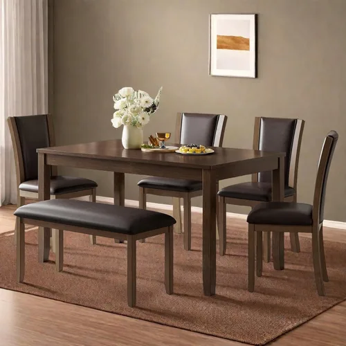 Vista 14 de Juego de mesa de comedor Trygoal para 5, juego moderno de 6 piezas para comedor con mesa rectangular, 4 sillas tapizadas con respaldo y un banco