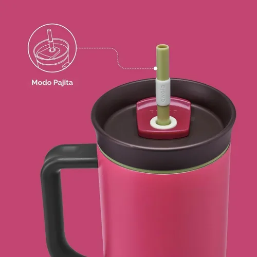 Vista 4 de Owala Vaso de viaje aislado de acero inoxidable de triple capa con tapa resistente a derrames, popote y asa de transporte, sin BPA, 40 onzas, rosa