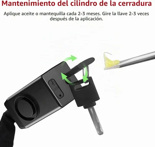 Vista 7 de BANGTING Candado de cadena de bicicleta de 4 pies resistente con alarma de 110 dB, cerradura de bicicleta resistente antirrobo con llave para Negro