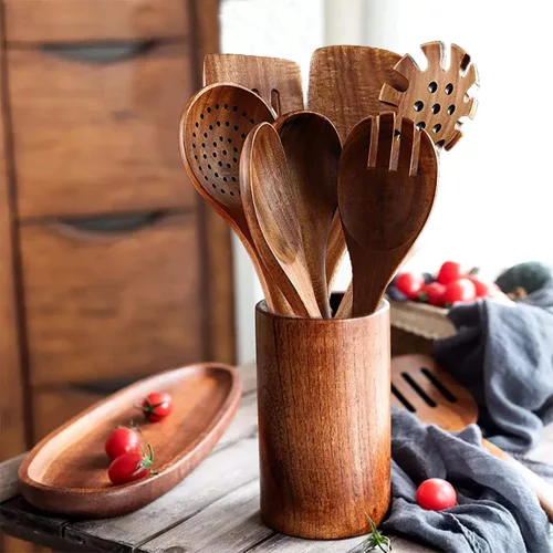 Vista 3 de Juego de utensilios de cocina de madera de teca, 7 piezas, utensilios de cocina de madera, incluye espátula