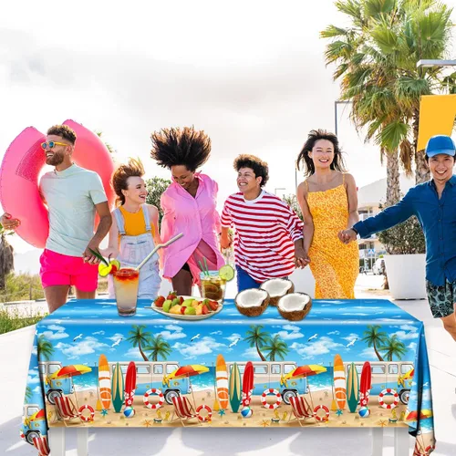 Vista 4 de 3 manteles de playa de verano, fundas de mesa temáticas de playa, decoración de mesa temática de cumpleaños hawaiano para verano, piscina, surf