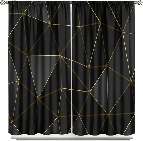 Vista 122 de Cortinas Negras con Dobladillo Dorado, Cortinas Opacas con Bolsillo para Barra con Estampado de Rayas de Foil en Onda Dorada para Decoración de Negro