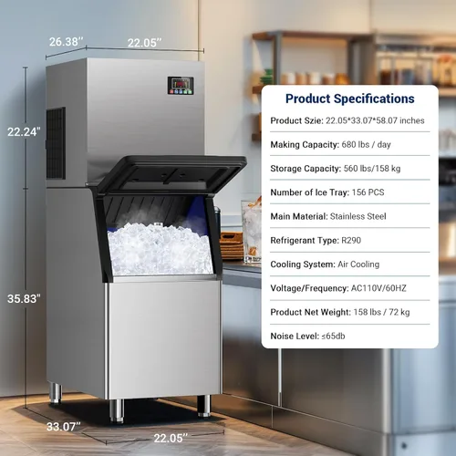 Vista 6 de Máquina de hielo comercial de 680 libras/24 horas con contenedor de almacenamiento de 560 libras, 156 cubitos de hielo listos en 5-15 minutos