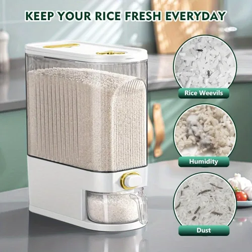 Vista 5 de Dispensador de arroz de 11.0 lbs/22.0 lbs – Contenedor grande de almacenamiento de despensa con taza medidora y marcas de tiempo Dispensador