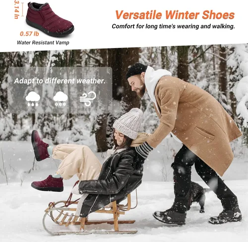 Vista 5 de scecocrs Botas de nieve impermeables sin cordones para mujer, forro de piel, antideslizantes, cómodas, cálidas, botas de tobillo