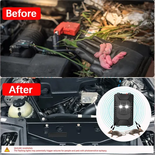 Vista 2 de Tirgo 2 piezas Repelente de Roedores para Coche Bajo el Capó, Repelente de Ratones Ultrasónico con Luz Estroboscópica, Alimentado por Batería