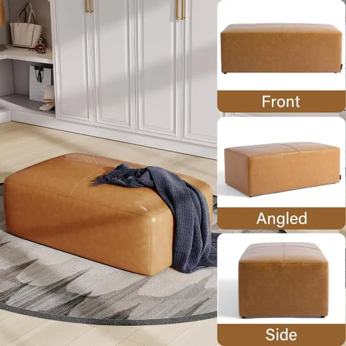 Vista 6 de Otomana rectangular de cuero auténtico, mesa de centro con botones marrones con patas, taburete tapizado para reposapiés para sala de estar