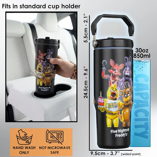 Vista 5 de Get Trend Five Nights at Freddy's - Vaso de 30 onzas con asa y popote, botella de agua aislada de acero inoxidable, sin bisfenol A, a prueba