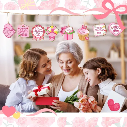 Vista 2 de FairySandy 36 piezas de adornos para el día de la madre para árbol de madera, rosa, mamá, mujeres, decoración de árbol, flores rústicas, magdalenas