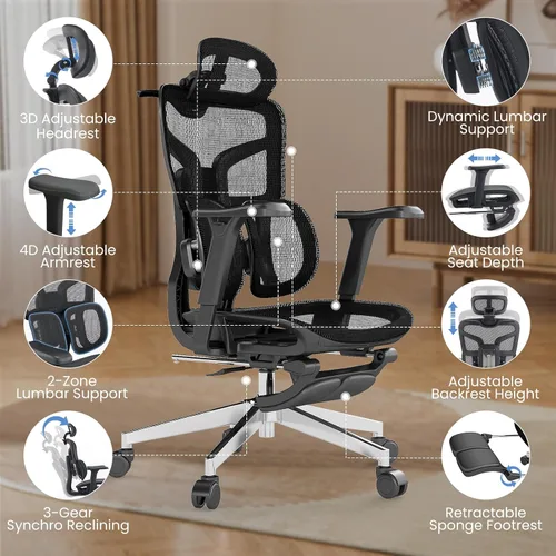 Vista 5 de Silla de oficina ergonómica con reposapiés y soporte lumbar Negro
