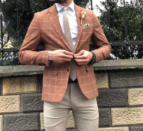 Vista 4 de HUUTOE Blazer a cuadros para hombre, chaqueta de traje a cuadros, ajuste delgado, casual, solapa con muescas, dos botones, abrigo deportivo