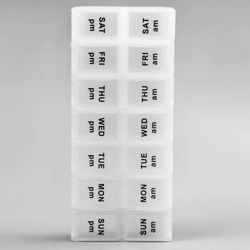 Vista 3 de Paquete de 2 pastilleros OPP transparentes diarios, organizador semanal de píldoras 2 veces al día para pastillas, suplementos y medicamentos