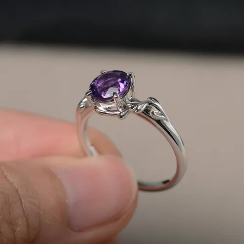 Vista 3 de Luo Anillos de Plata de Ley 925 de 7MM con Forma Redonda y Piedras Preciosas, Anillos de Compromiso con Diseño de Hoja, Anillos de Promesa
