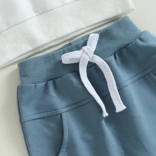 Vista 6 de Ropa de otoño e invierno para bebé niño, con capucha, de manga larga, a rayas, pantalones elásticos para recién nacidos azul (Patchwork Blue)