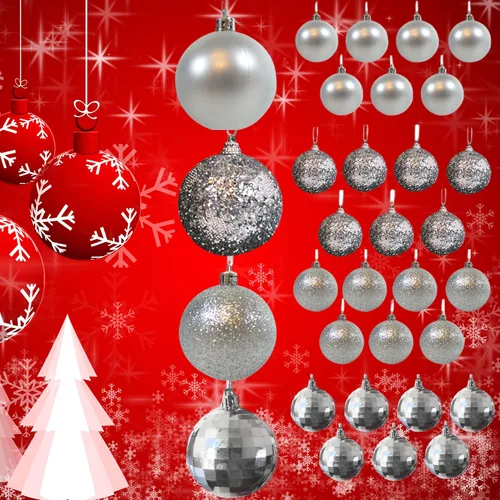 Vista 5 de Adornos de bola de Navidad – 32 adornos plateados – Decoración navideña inastillable – Bolas colgantes – Cuatro acabados – Brillante, Brillante