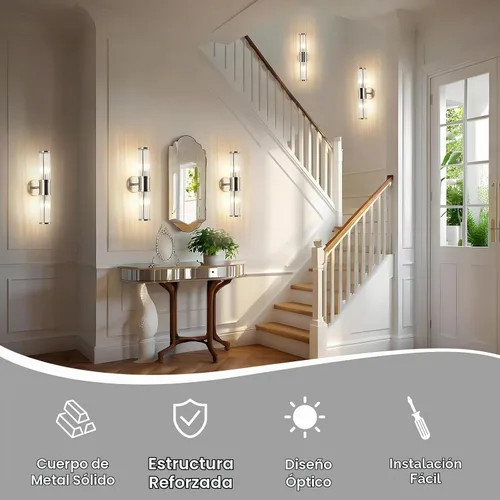 Vista 4 de Aplique de pared de níquel cepillado con varillas de vidrio, lámpara de tocador industrial moderna, base de candelabro E12 para baño, dormitorio