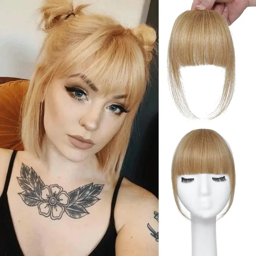 Vista 12 de ELEFOCUS Flequillo con clip, extensiones de cabello humano 100% real, flequillo falso francés 18#, clip de cabello en flequillo para mujeres, flecos
