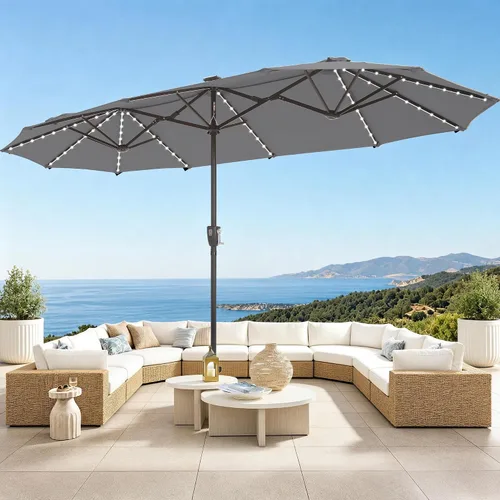 Vista 9 de PHI VILLA - Sombrilla para patio de 13 pies con luces LED de 120 piezas con alimentación solar que cambian de color, sombrilla grande de triple Beige