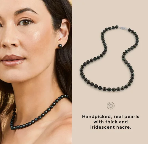 Vista 4 de The Pearl Source Collar de perlas japonesas Akoya negras para mujer, collar de perlas de oro de 14 quilates Collar de perlas largas de 18 pulgadas