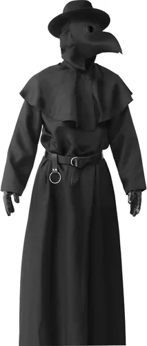 Vista 8 de ATTBEA Disfraz de Halloween compatible con médicos de la peste con máscara de pico de pájaro, bata negra con capucha