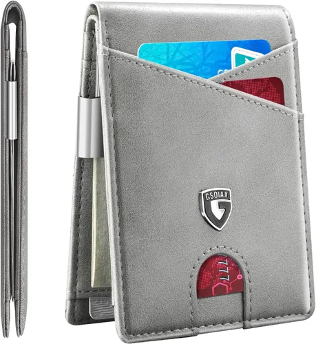 Vista 8 de GSOIAX Cartera delgada de cuero plegable RFID para hombre, billetera minimalista con bolsillo frontal con clip para dinero, 12 ranuras para Negro