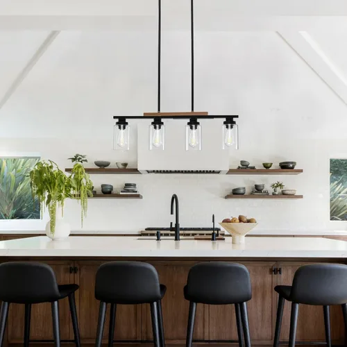Vista 4 de Lámpara de comedor sobre mesa, iluminación de isla de cocina de 4 luces, modernos candelabros de madera para comedor con altura ajustable, luces