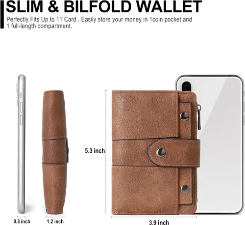 Vista 3 de Cartera pequeña para mujer, de cuero, plegable, multitarjeta, organizador de diseñador, moneda con cremallera y ventana de identificación extraíble