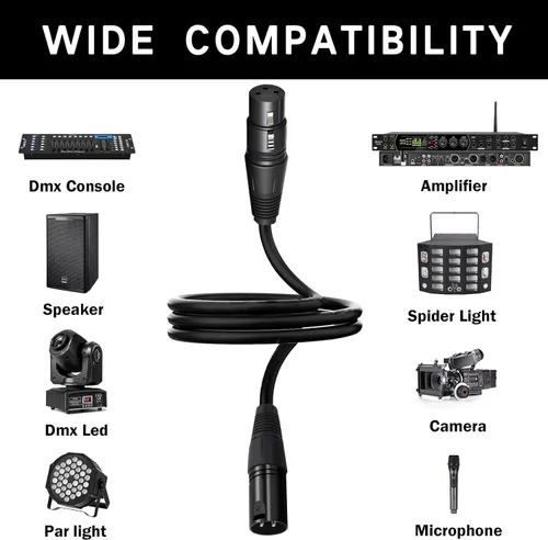 Vista 2 de Cable DMX flexible de 10 pies de señal XLR macho a hembra, cable DMX para iluminación de escenario, luces de DJ, cabezal móvil y accesorios LED par