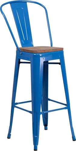Vista 3 de Merrick Lane Donnely Taburete de comedor, taburete de altura de mostrador, marco de metal en acabado azul, asiento de madera texturizada, respaldo