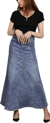 Vista 3 de CHARTOU Falda larga de mezclilla para mujer, estilo retro, con botones y vuelos a la cadera, acampanada