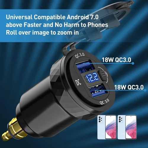 Vista 2 de DIN Hella Plug to Dual QC 3.0 Cargador USB Adaptador de corriente con voltímetro e interruptor de encendido/apagado para BMW Ducati Triumph