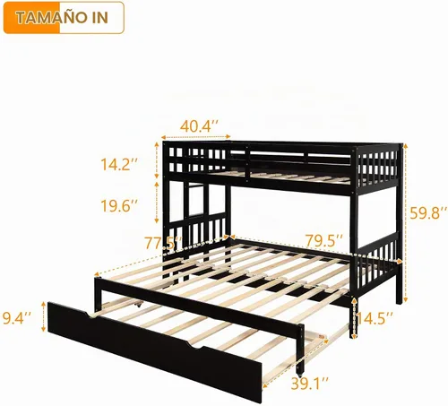 Vista 2 de STERXONE - Litera de madera 4 en 1 con cama nido, cama individual sobre cama individual, matrimonial/Queen/King, con base de litera extraíble
