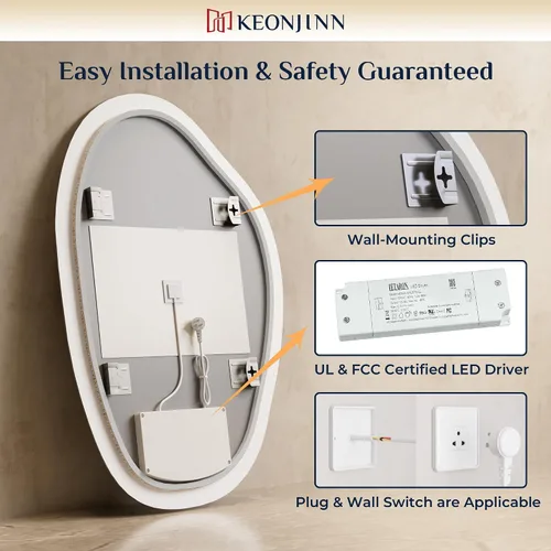 Vista 9 de Keonjinn Espejo de baño retroiluminado asimétrico de 22 x 30 pulgadas con luces, espejo LED irregular con vidrio templado HD, controlador LED