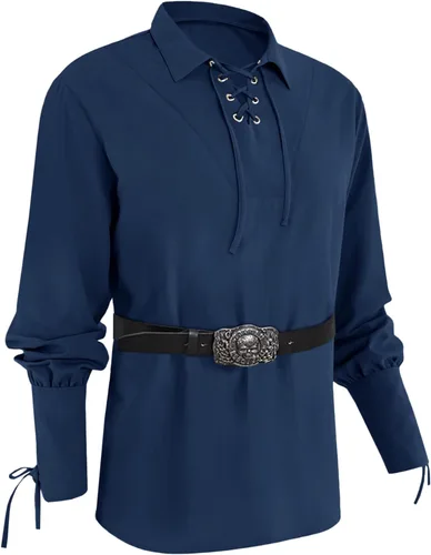 Vista 8 de Camisas de pirata vikingo medieval para hombre, disfraz renacentista, tops escoceses 01 Blanco