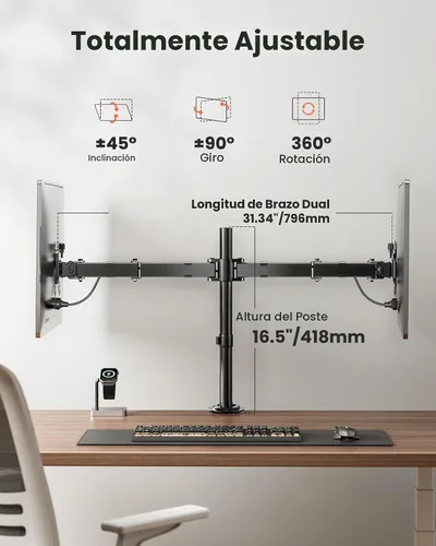 Vista 5 de ErGear - Soporte para dos monitores, resistente y ajustable, montaje de escritorio para monitores de hasta 32 pulgadas, altura totalmente ajustable