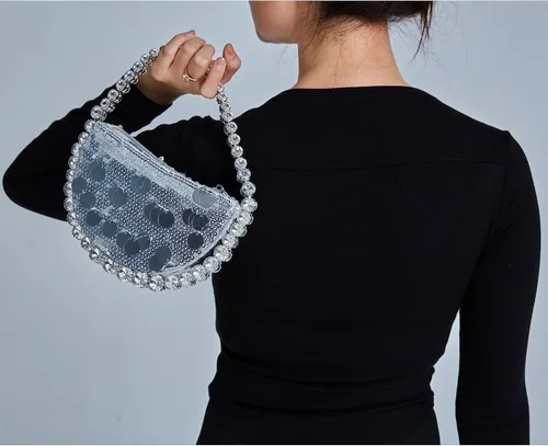 Vista 2 de Uhawi Bolso de mano con diamantes de imitación para mujer, bolso de noche con purpurina brillante, hecho a mano, fiesta, boda, plateado
