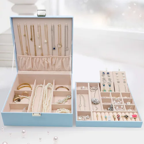 Vista 6 de ProCase - Joyero grande de cuero con dos niveles para organizar aretes pulseras anillos relojes para mujeres niñas regalo ideal para novia o esposa