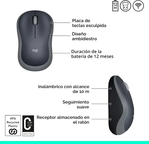 Vista 6 de Logitech Ratón inalámbrico ambidiestro compacto M185 de 2,4 GHz - Gris Swift Swift Gris