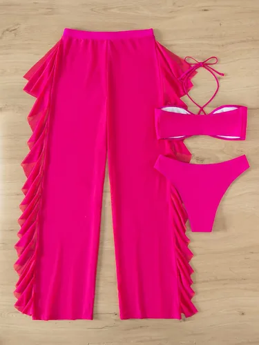 Vista 2 de MakeMeChic Traje de baño de 3 piezas para mujer, conjunto de bikini sólido halter con volantes transparentes