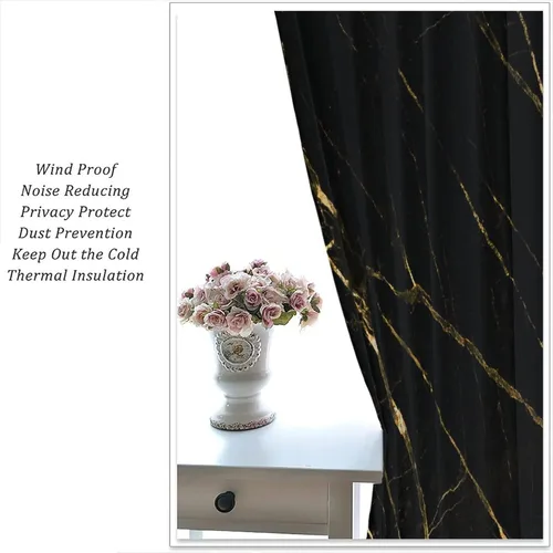 Vista 80 de Cortinas Negras con Dobladillo Dorado, Cortinas Opacas con Bolsillo para Barra con Estampado de Rayas de Foil en Onda Dorada para Decoración de Negro