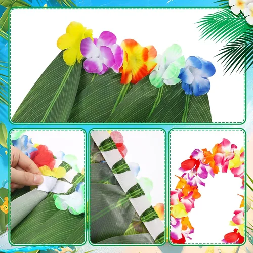 Vista 4 de Falda de hierba para niñas para fiesta de Luau, falda hawaiana de hula con flores Leis para decoración de fiesta de playa y Hawaii Luau