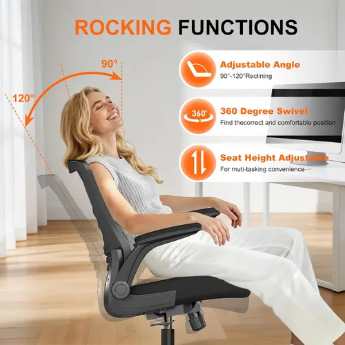 Vista 6 de Silla de oficina ergonómica, cómoda silla de escritorio de malla con reposabrazos abatibles y ruedas de rodadura suave, silla de computadora
