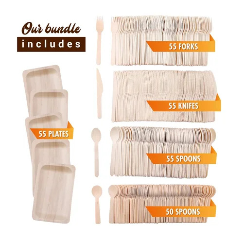 Vista 3 de Platos biodegradables desechables y cubiertos de madera – (paquete de 270) 55 platos compostables de 10.5 pulgadas, 55 tenedores, 55 cuchillos, 55