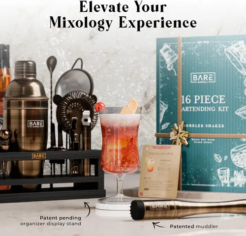 Vista 8 de BARE BARREL® Mixology Bartender Kit Bar Set Juego de coctelera de 16 piezas Herramientas de mezcla de Martini Barware para el hogar Incluye 35