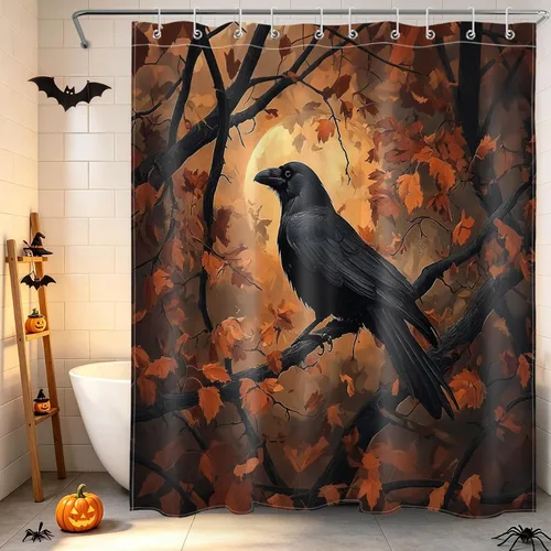 Vista 7 de HVEST Cortina de ducha con ganchos, calabaza espeluznante y fantasma con sombrero de bruja negro, juego de cortina de ducha naranja con flores