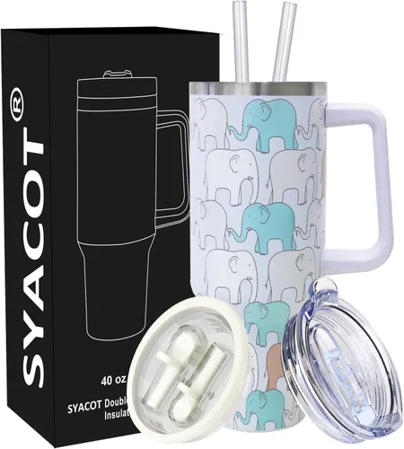 Vista 14 de SYACOT Vaso de 40 onzas con asa y pajita, vaso aislado de acero inoxidable, tapa a prueba de fugas y tapa con pajilla, taza de café de viaje